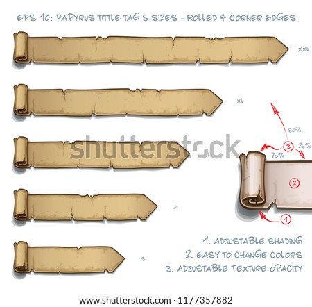 Vector Illustration of a Papyrus Tittle Scroll Tag with Rolled and Corner Edges. Set of five sizes Small Medium Large and two Extra Large. All elements neatly on well-defined Layers and Groups