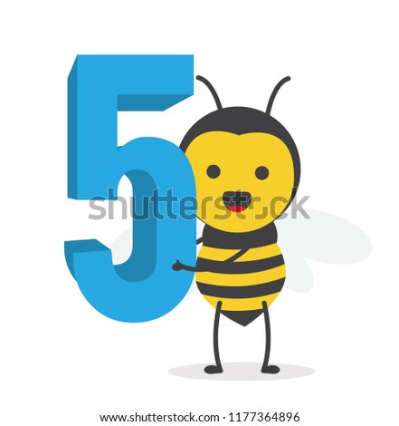 vector illustration character cartoon design cute honey yellow bee mascot holding alphabet number 5 digit in white background