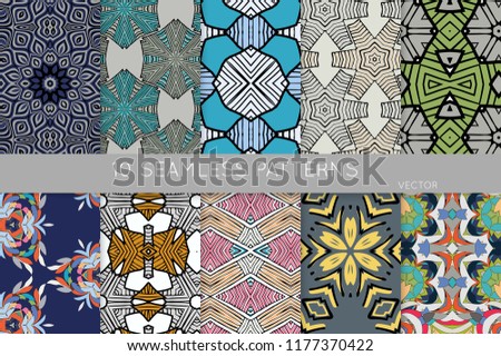 Collection of seamless patterns. Abstract design elements in set. Colored decorative repainting background with tribal and ethnic motifs 