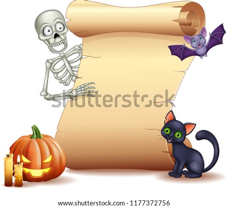 Halloween sign with skeleton, bat, pumpkin and black cat