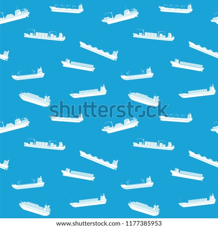 Seamless background of commercial cargo ships. Sea transportation vehicle. Transport boat. International water trade concept. Vector illustration.
