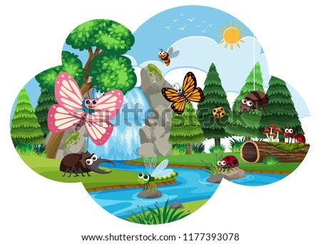 Butterflys and insects in park scene