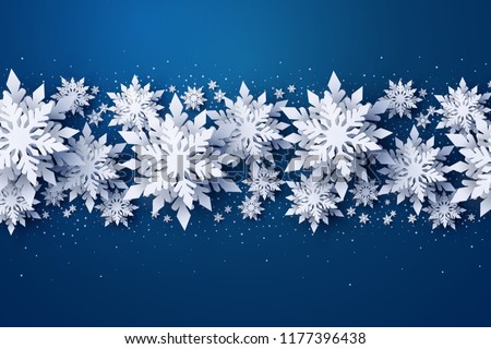Vector Merry Christmas and Happy New Year greeting card design with white layered paper cut snowflakes on dark blue background. Seasonal holidays paper art banner, poster