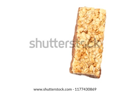 Healthy granola bar ( muesli bar or cereal bar ) isolated on white background. top view