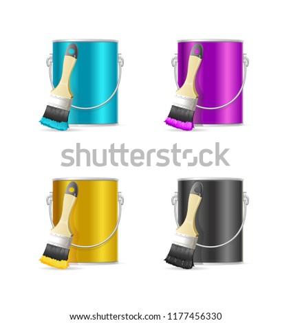 Realistic Color Steel Can Bucket and Paint Brush Set Palette and Equipment CMYK Concept. illustration
