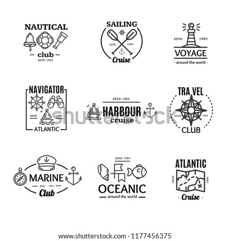 Nautical Emblem Badges or Labels Black Line Art Set on a White for Ocean and Sea Company. illustration