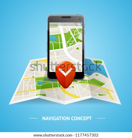 Navigation Service Concept with Map Mobile Phone and Pin Element Information Graphic. illustration