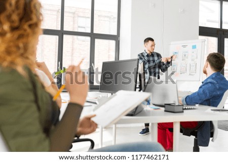 business, technology and people concept - man showing smart watch to creative team at office presentation Royalty-Free Stock Photo #1177462171