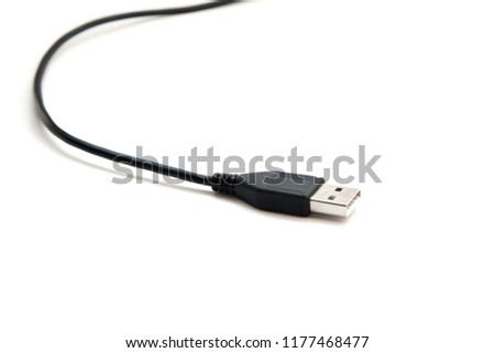 Black USB mini cable on white background. Connector close-up isolated.