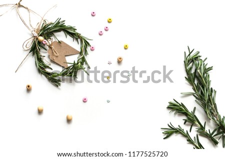 Wreath of rosemary. Lovely Christmas decor. Preparation for the new year. DIY. 