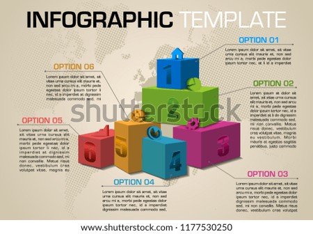 Modern colorful infographics options template vector with 3D box,  icons and dotted world map