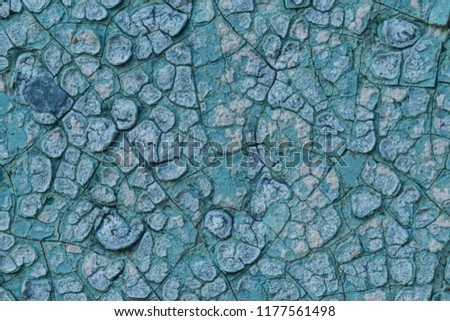 Macro photo. Texture of an old blue paint. Several layers. The concrete wall of the house was washed by rain. A good background for different sites.