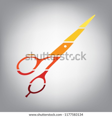 Hair cutting scissors sign. Vector. Horizontally sliced icon with colors from sunny gradient in gray background.