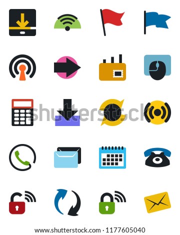 Color and black flat icon set - right arrow vector, mouse, update, download, calendar, calculator, mail, wireless, phone, lock, flag