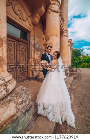 Wedding in the castle. Stylish and beautiful. Princess's dress. Lush white dress and veil. Bride is a brunette. The groom in a black suit. A couple is walking near the castle grounds.