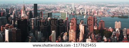 Website american banner of New York cityscape with hirh rise buildings. Concept of blog header and chep tour to US, travel agency and green card.