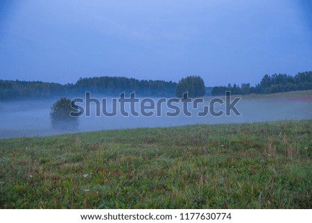 City of Kraslava, Latvia. Early morning with sunlight, meadow, trees and fog. Nature photo. Travel photo 2018.