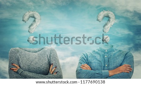 Surreal image as woman and man with crossed hands and invisible face have question mark cloud instead of head. Social mask for hiding identity. Incognito introvert couple with head in the clouds. Royalty-Free Stock Photo #1177690138