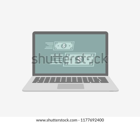 Vector illustration of laptop with flowing money on the screen. Business concept.
