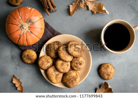 Pumpkin Snickerdoodle Cookies.  Seasonal Autumn Homemade Cookies, top view, copy space. Traditional desert Snickerdoodles for Autumn.