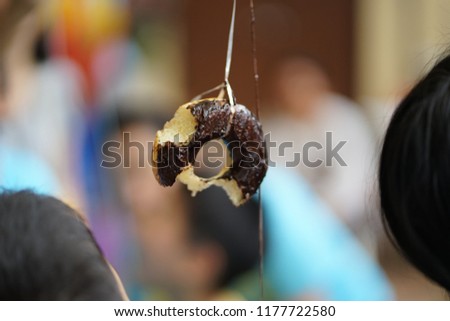 A bite of single chocolate doughnut on the rope in the kids party mini games