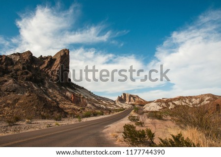 The rock and hills along a road with pake beds of volcanic ash in Big Bend National Park, Texas, march 2018