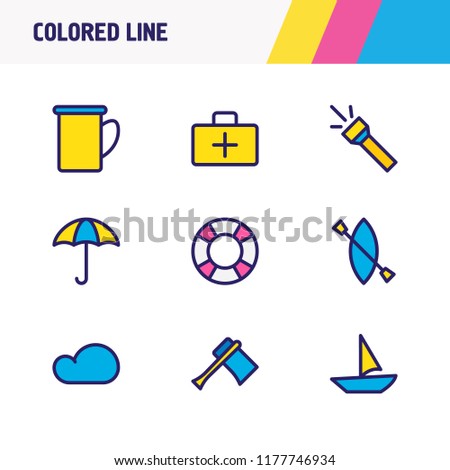 Vector illustration of 9 camping icons colored line. Editable set of mug, lifebuoy, axe and other icon elements.