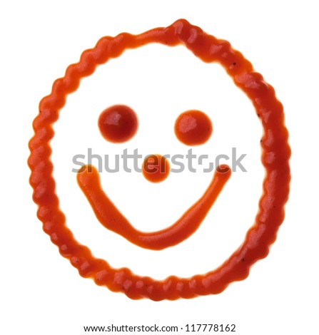Smiley face made of tomato sauce is isolated on a white background