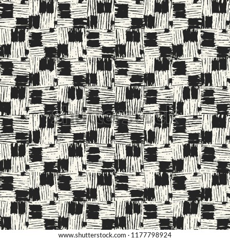 Monochrome Brush Stroke Checked Motif Distressed Textured Background. Seamless Pattern.