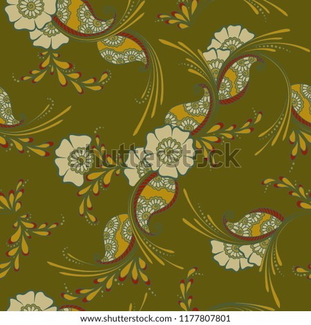 Mehndi indian traditional pattern, floral seamless vector background for saree clothes textile, fabric print. Seamless paisley background with leaves and flowers. Bright indian pattern design.