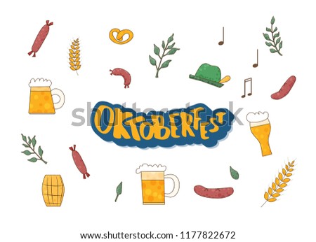Set of Oktoberfest items with lettering. Handwritten text with holiday pack. Vector illustration.