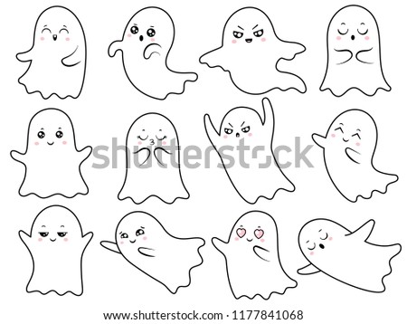 Cute kawaii ghost. Spooky halloween ghosts, smiling spook or japan smile and scary ghostly character with Boo face, fun japanese vector cartoon isolated icons illustration set