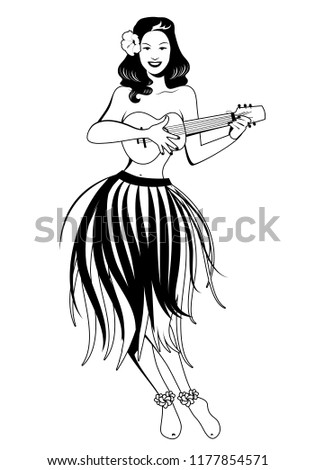 Beautiful and smiling Hawaiian girl wearing skirt of leaves playing ukulele isolated on white background. Retro style