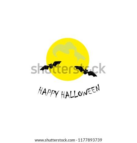 Halloween poster, banner. Icon of flying bat. Black bat. Silhouette. Night view of full moon and flying bats. Cartoon. Vector illustration.