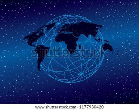 World vector map in ortho style on sphere grid of longitude and latitude with night lights and star lights
