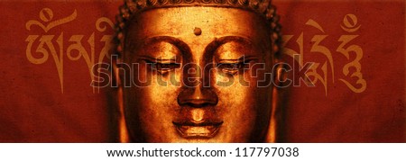 Buddha Face with Sanskrit "Om Mani Padme Hum" Script Grunge Illustration