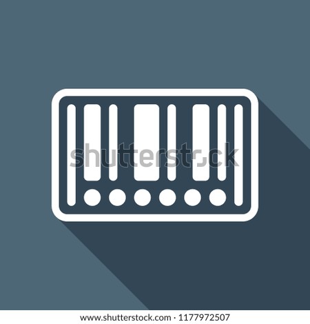 Barcode label icon. Circles instead of numbers. White flat icon with long shadow on background