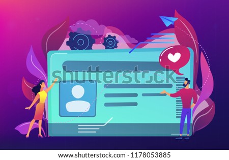 Smart ID card with photo and users. Identification microchip and electronic identity card, plastic smartcard, personal information chipcard concept, violet palette. Vector isolated illustration.