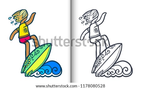 Vector surfing illustration with surfer on wave in doodle style. Coloring book pages with clear lineart and colored sample.