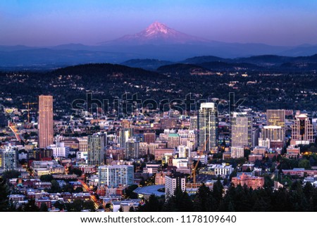 Portland, Oregon cityscape during the blue hour