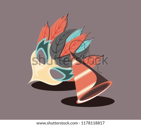 carnival mask with feathers and party hat retro