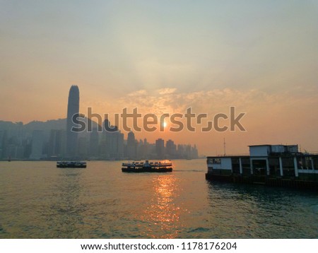 Hong Kong harbour sunset scene