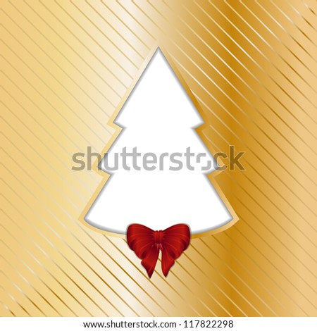 Gold Christmas background with cut out tree and red ribbon