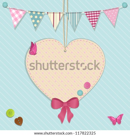 Scrap book background with hanging heart, bunting and buttons