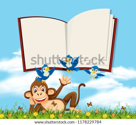 A monkey in nature with blank book template illustration
