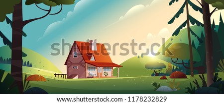 Country house in the forest. Farm in the countryside. Cottage among trees. Cartoon vector illustration.