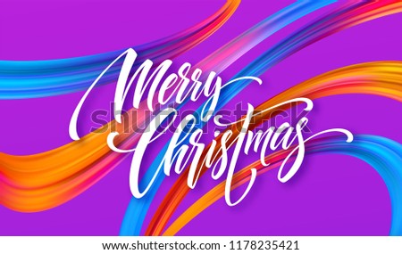 Merry Christmas hand drawn lettering banner design. Xmas greeting with rainbow acrylic ribbons. Vivid oil paint brush strokes. Merry Christmas calligraphy on purple background. Isolated vector