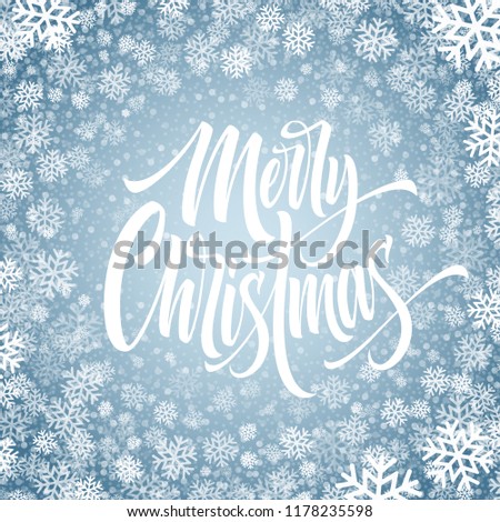 Merry Christmas hand drawn lettering in snowflakes frame. Xmas icy calligraphy. Christmas frozen lettering in snowfall. Xmas isolated calligraphy in round frame. Banner, poster winter design. Vector