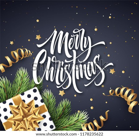 Merry Christmas hand drawn lettering greeting card design. Xmas calligraphy with fir branches and gift-wrapped present. Christmas golden scroll ribbons, stars and confetti. Isolated vector