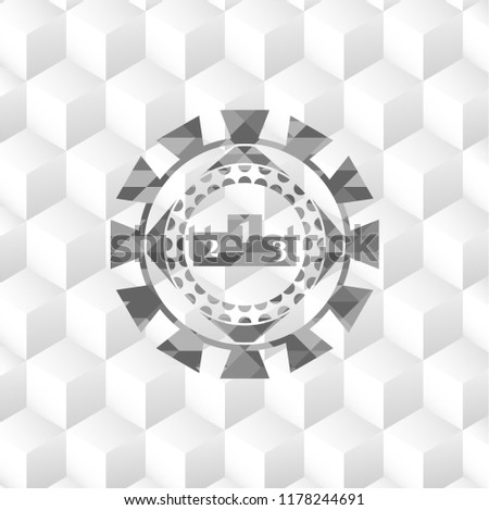 podium icon inside retro style grey emblem with geometric cube white background